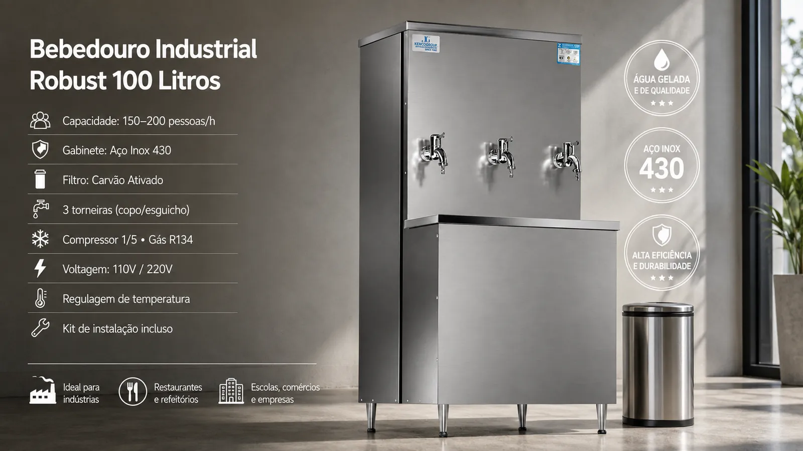 Infográfico do bebedouro industrial Robust 100 litros JG: capacidade de 150 a 200 pessoas/hora, gabinete em aço inox 430, filtro de carvão ativado, 3 torneiras (copo/esguicho), compressor 1/5 a gás R134, 110V/220V, regulagem de temperatura e kit de instalação incluso