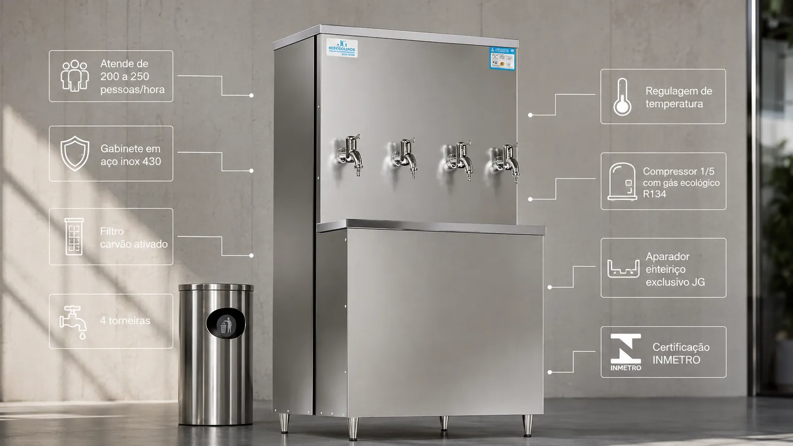 Infográfico do bebedouro industrial Robust 200 litros JG: atende 200 a 250 pessoas/hora, gabinete em aço inox 430, filtro de carvão ativado, 4 torneiras, regulagem de temperatura, compressor 1/5 a gás R134, aparador inteiriço exclusivo JG e certificação INMETRO