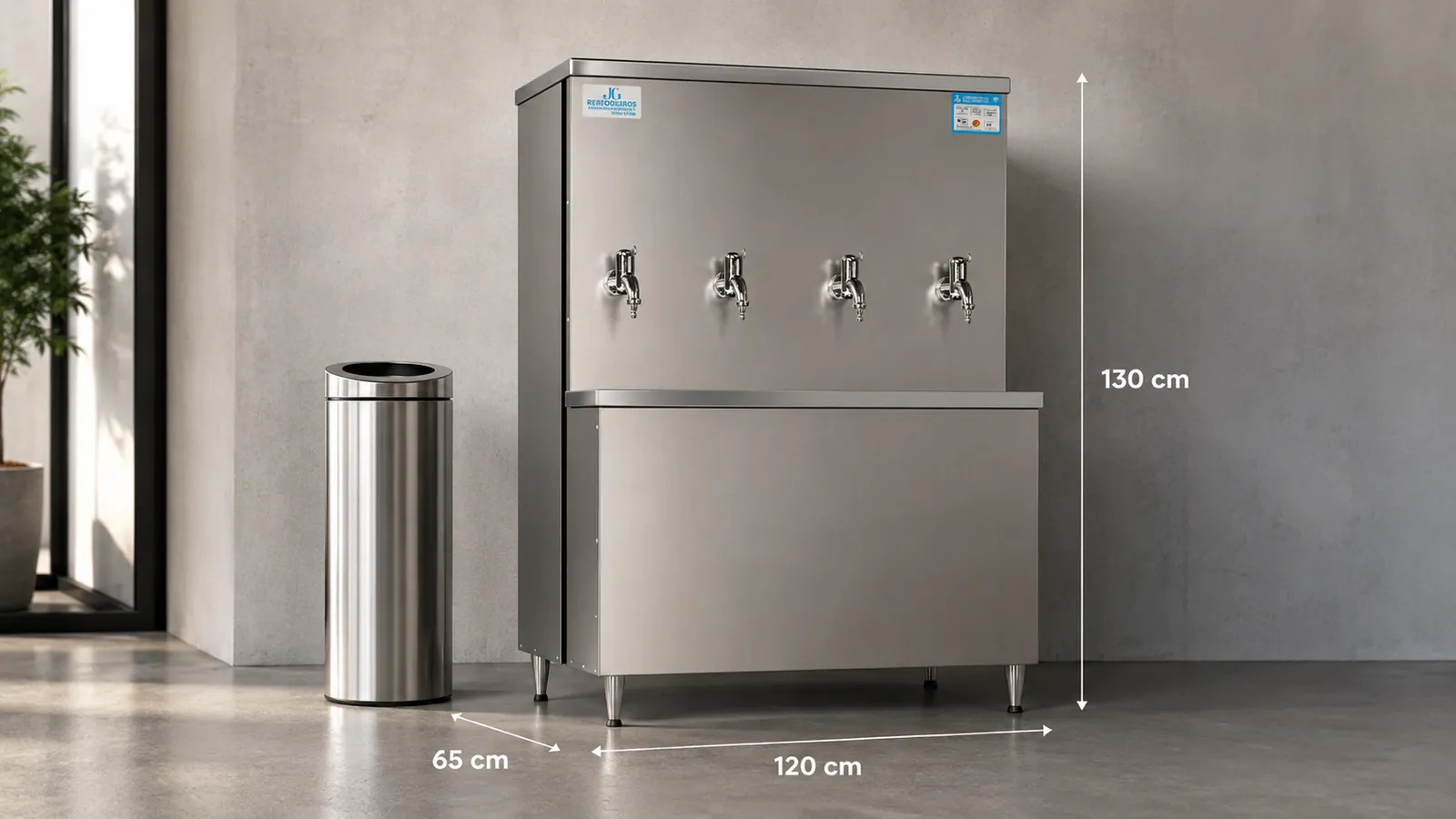 Medidas do bebedouro industrial Robust 200 litros JG: 120 cm de largura, 65 cm de profundidade e 130 cm de altura