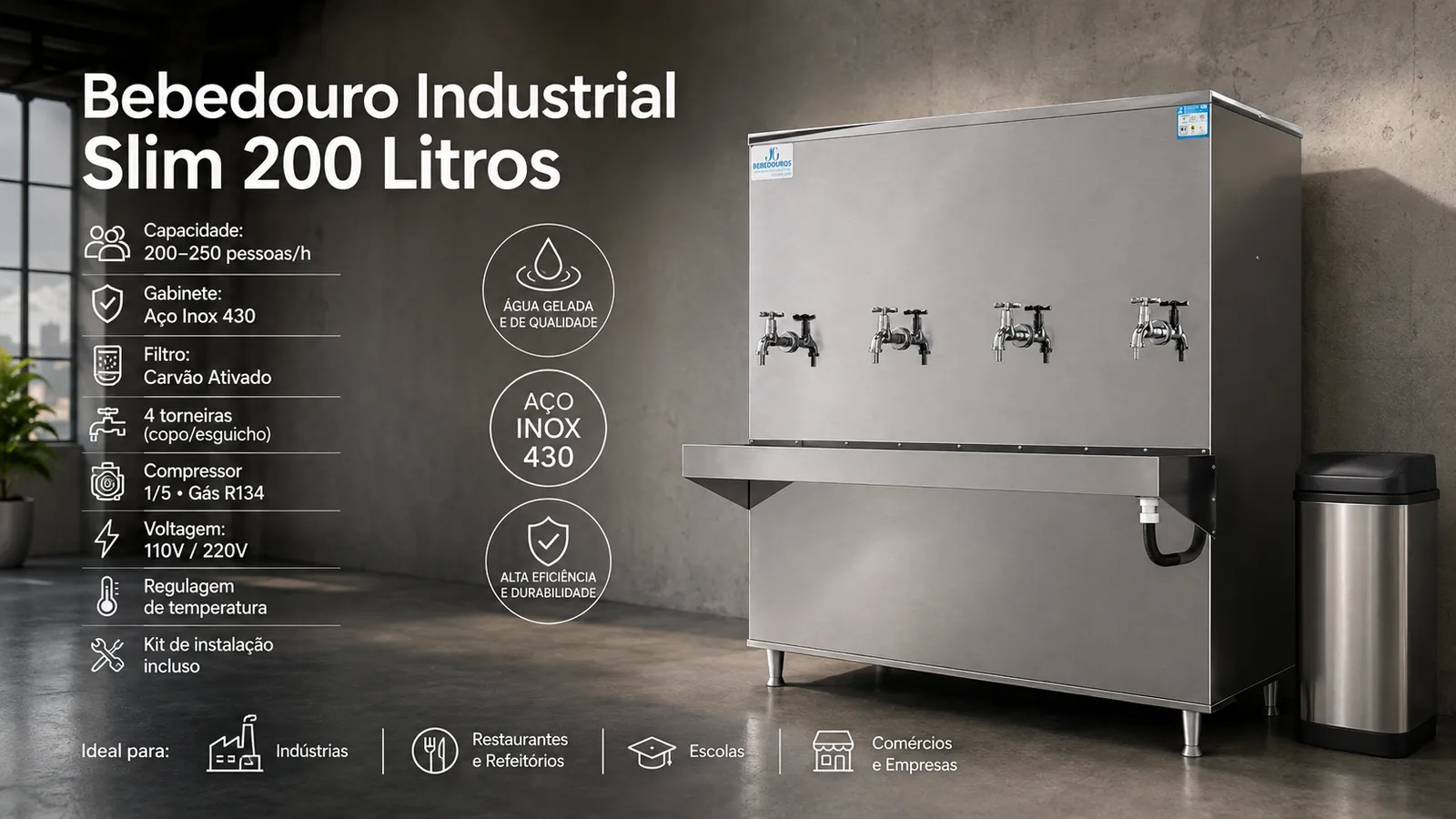 Infográfico do bebedouro industrial Slim 200 litros JG: capacidade de 200 a 250 pessoas/hora, gabinete em aço inox 430, filtro de carvão ativado, 4 torneiras (copo/esguicho), compressor 1/5 a gás R134, 110V/220V, regulagem de temperatura e kit de instalação incluso