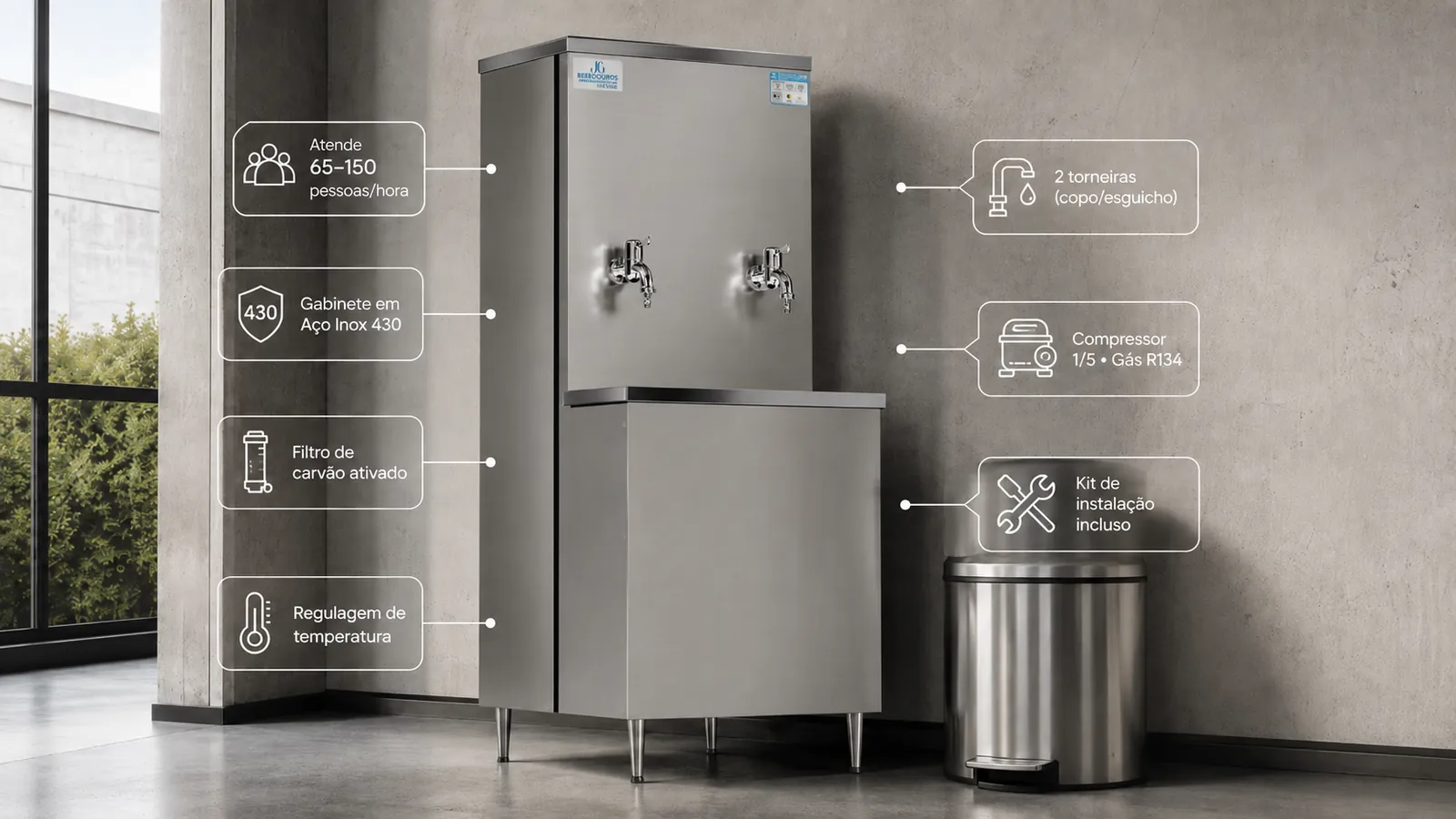 Infográfico do bebedouro industrial JG de 50 litros (linha Robust): atende 65 a 150 pessoas/hora, gabinete em aço inox 430, filtro de carvão ativado, regulagem de temperatura, 2 torneiras (copo/esguicho), compressor 1/5 a gás R134 e kit de instalação incluso