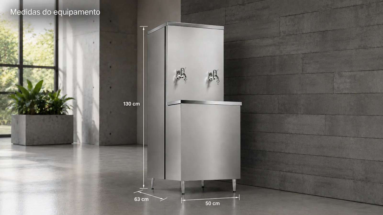 Medidas do bebedouro industrial JG de 50 litros (linha Robust): 50 cm de largura, 63 cm de profundidade e 130 cm de altura