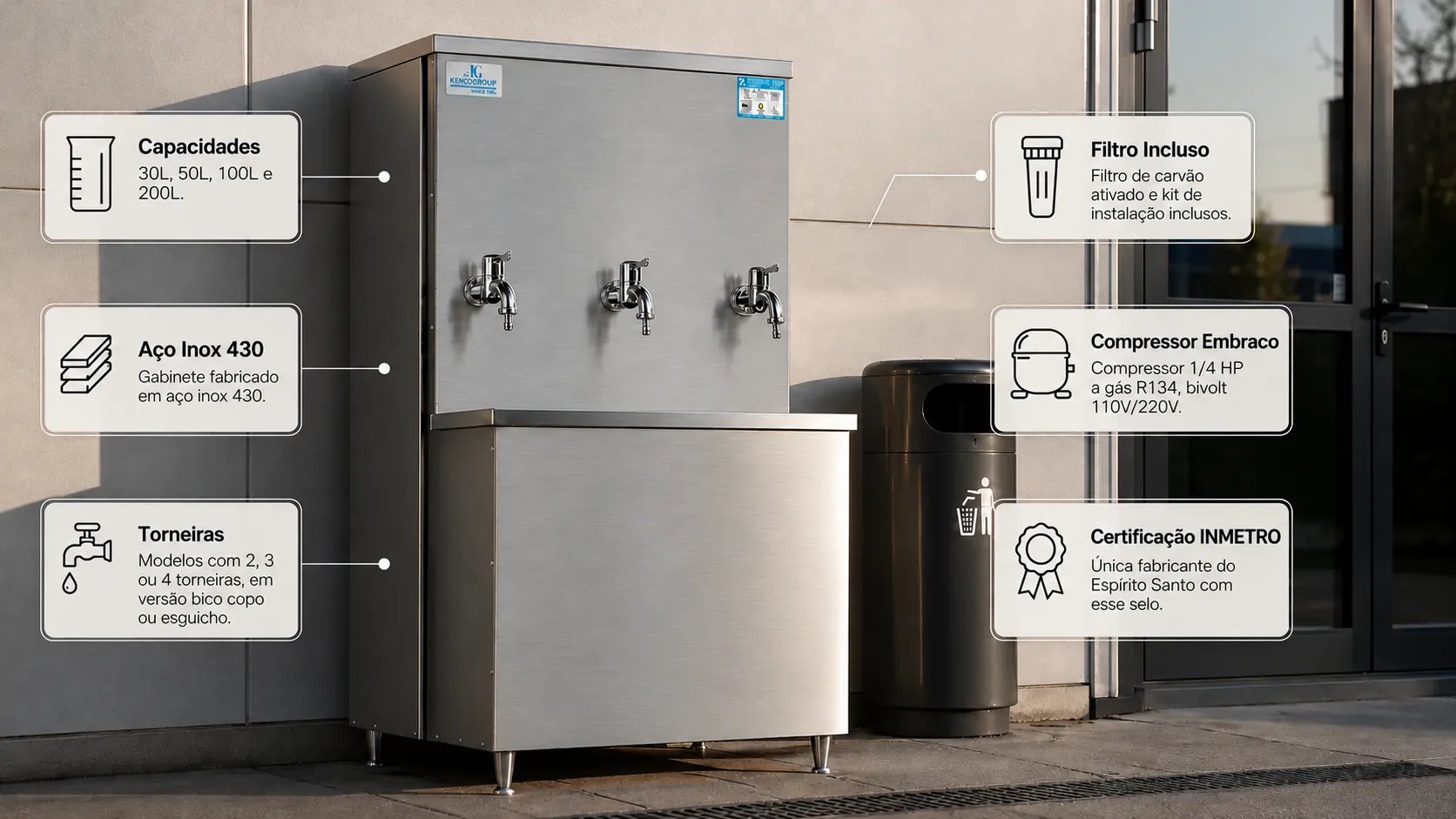O que está incluso no bebedouro industrial JG: capacidades de 30L, 50L, 100L e 200L, gabinete em aço inox 430, torneiras em versão bico copo ou esguicho, filtro de carvão ativado, compressor Embraco 1/4 HP e certificação INMETRO