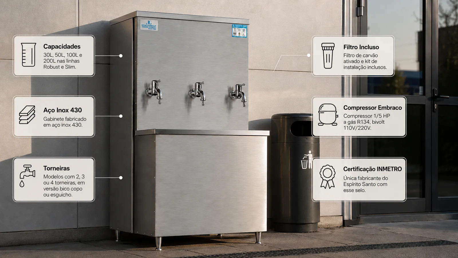 O que está incluso no bebedouro industrial JG: capacidades de 30L, 50L, 100L e 200L nas linhas Robust e Slim, gabinete em aço inox 430, torneiras em versão bico copo ou esguicho, filtro de carvão ativado, compressor Embraco 1/5 HP e certificação INMETRO