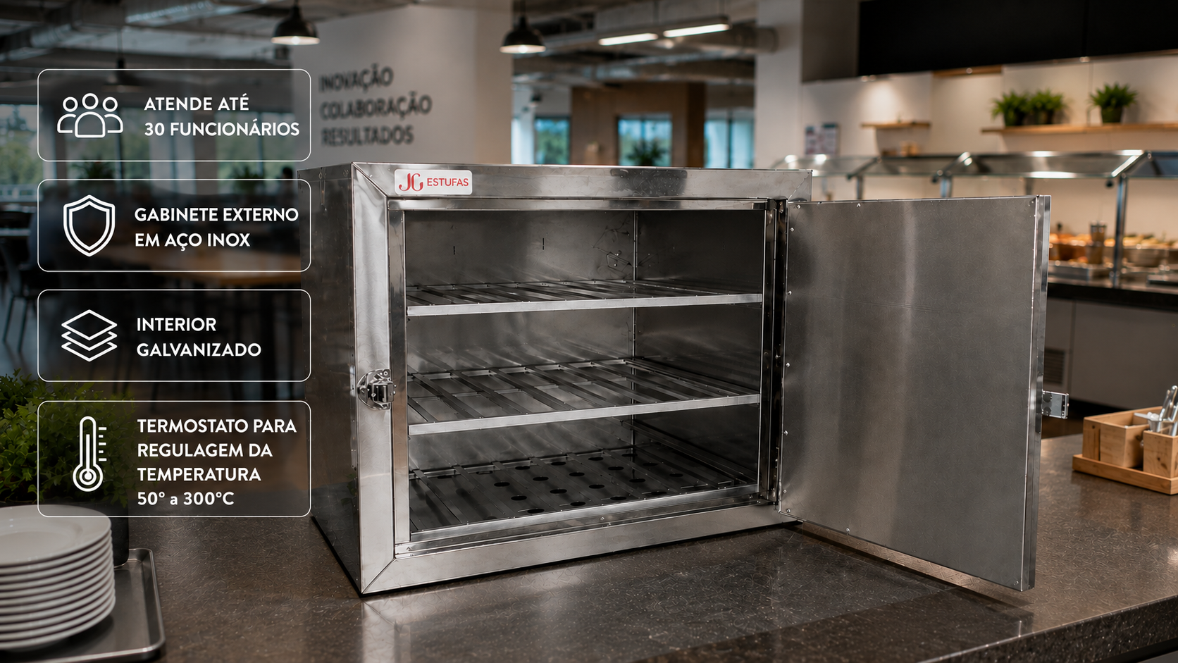 Estufa aquecedora de marmitas para 30 marmitas — gabinete em aço inox, interior galvanizado e termostato de 50° a 300°C — JG Bebedouros