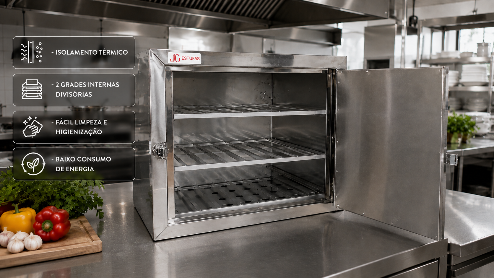 Estufa aquecedora de marmitas para 30 marmitas — isolamento térmico, grades internas divisórias e fácil higienização — JG Bebedouros
