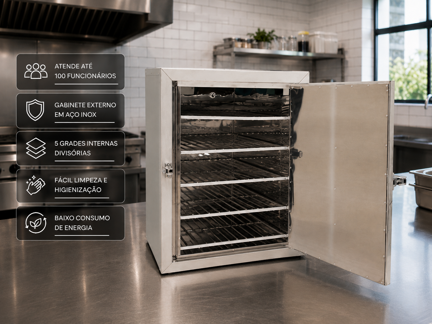 Destaques da estufa aquecedora de marmitas para 100 marmitas — atende até 100 funcionários, gabinete externo em aço inox, 5 grades internas divisórias, fácil higienização e baixo consumo de energia — JG Bebedouros