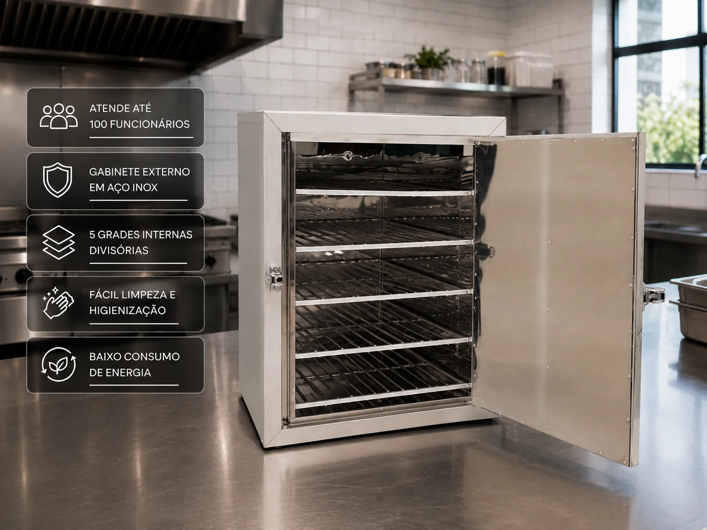 Destaques da estufa aquecedora de marmitas para 100 marmitas — atende até 100 funcionários, gabinete externo em aço inox, 5 grades internas divisórias, fácil higienização e baixo consumo de energia — JG Bebedouros
