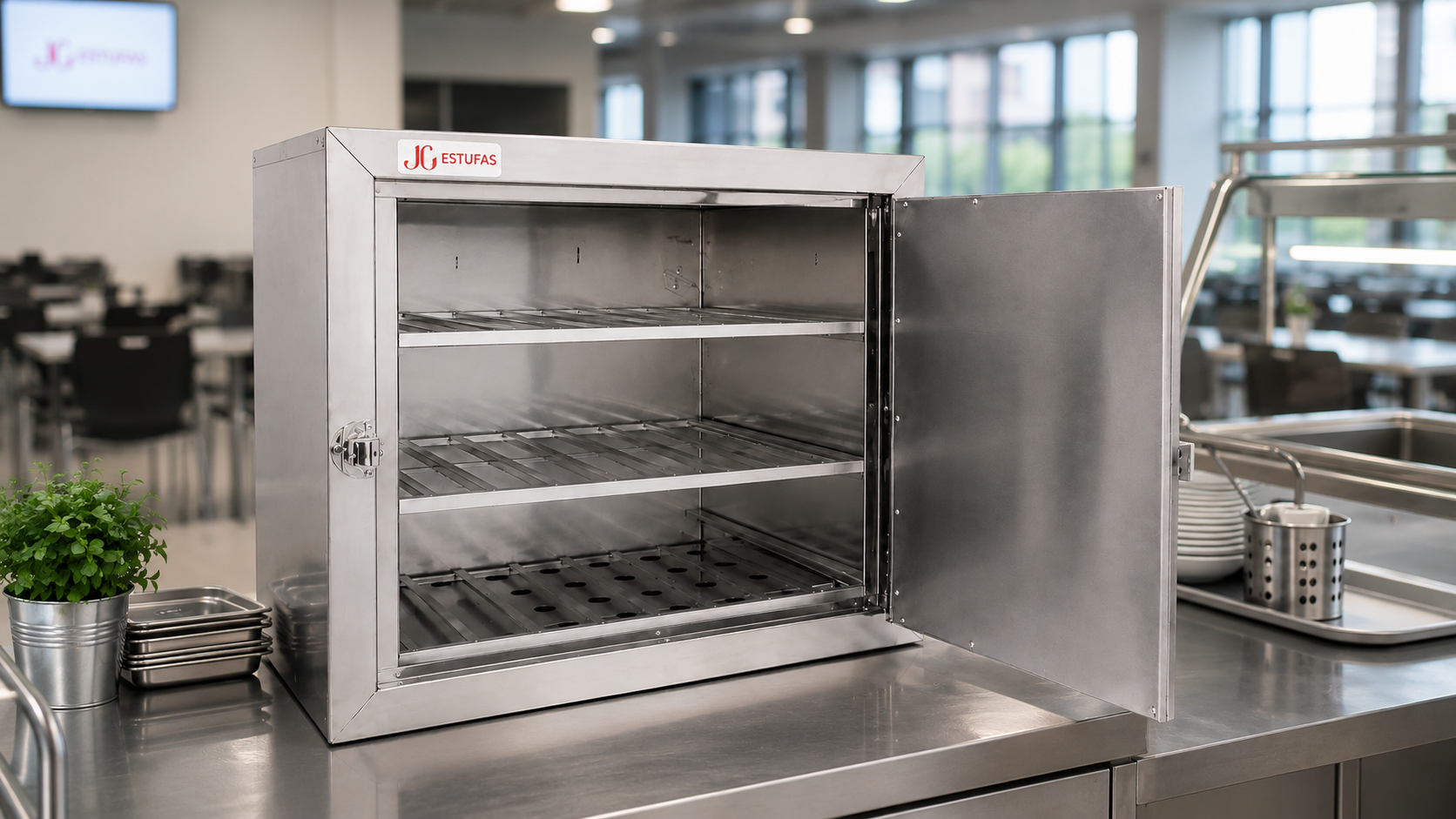Estufa aquecedora de marmitas para 50 marmitas instalada em refeitório corporativo — JG Bebedouros