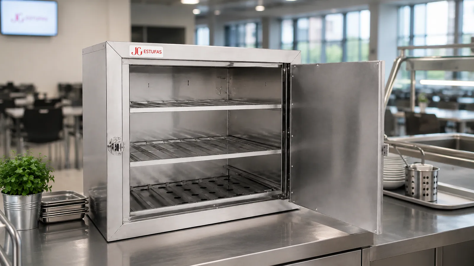 Estufa aquecedora de marmitas para 50 marmitas instalada em refeitório corporativo — JG Bebedouros