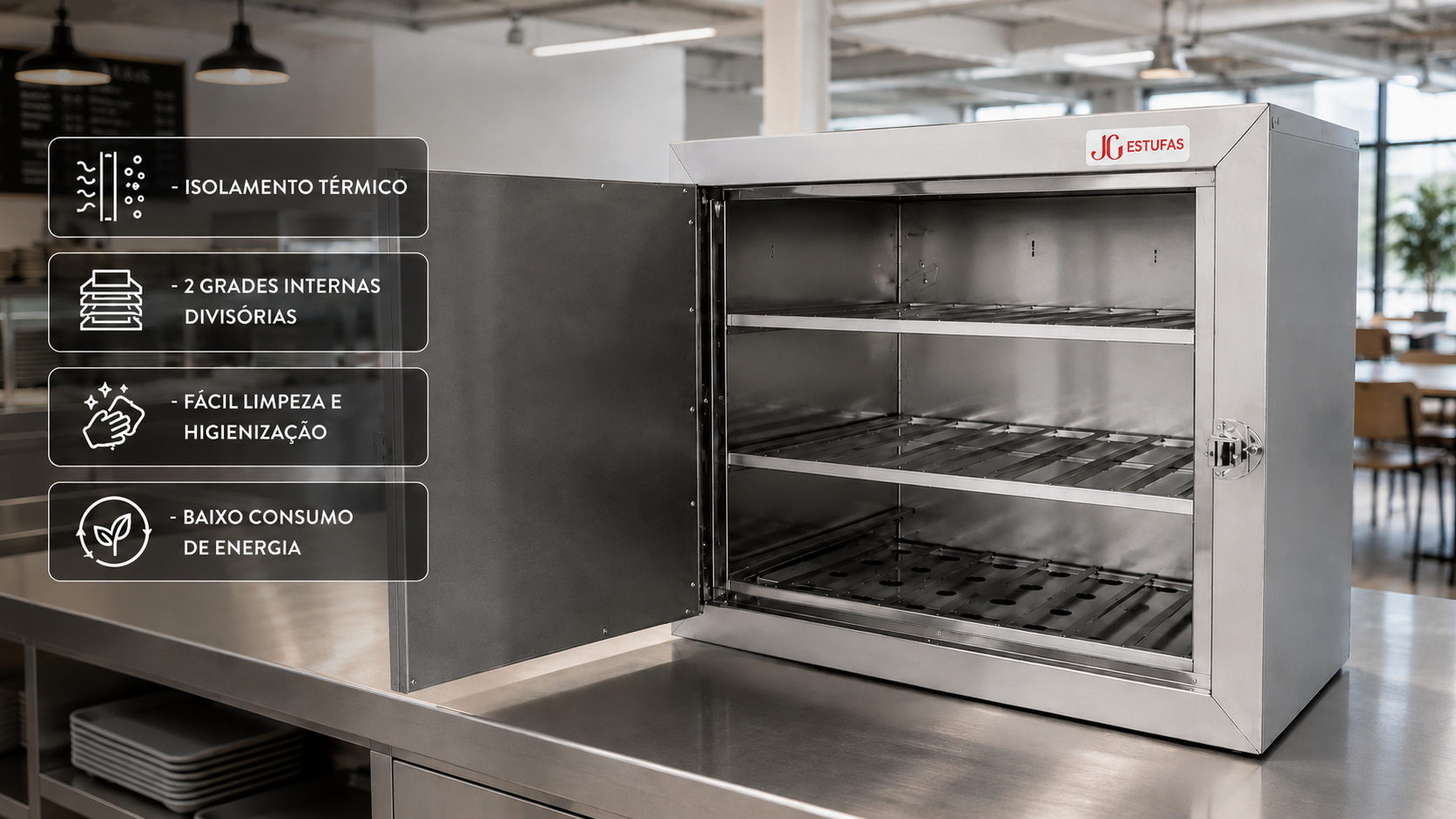 Estufa aquecedora de marmitas para 50 marmitas — isolamento térmico, 3 grades internas divisórias, fácil higienização e baixo consumo de energia — JG Bebedouros