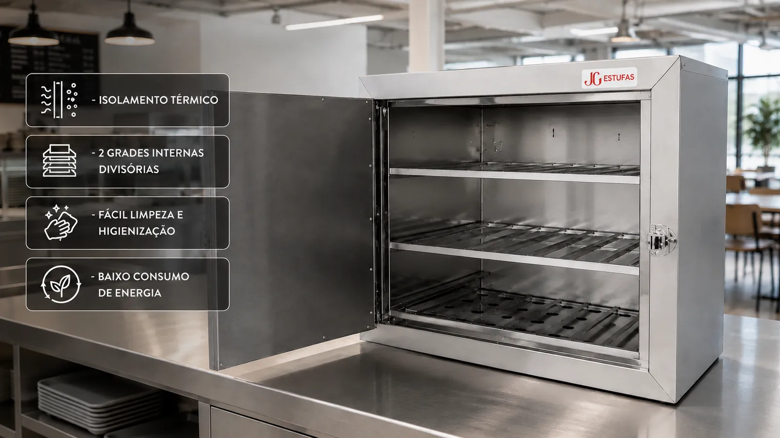 Estufa aquecedora de marmitas para 50 marmitas — isolamento térmico, 3 grades internas divisórias, fácil higienização e baixo consumo de energia — JG Bebedouros