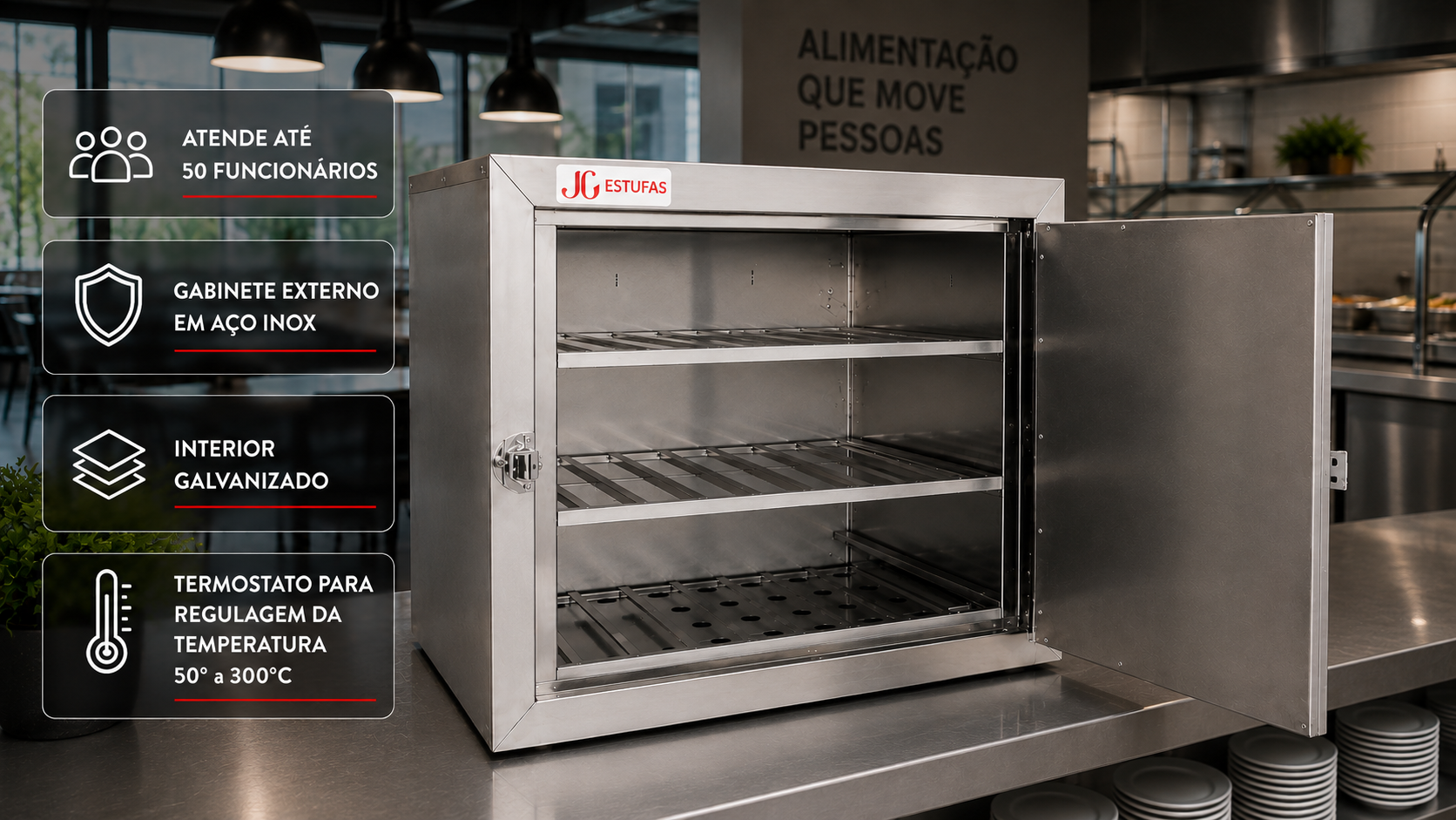 Estufa aquecedora de marmitas para 50 marmitas — atende até 50 funcionários, gabinete externo em aço inox, interior galvanizado e termostato de 50° a 300°C — JG Bebedouros