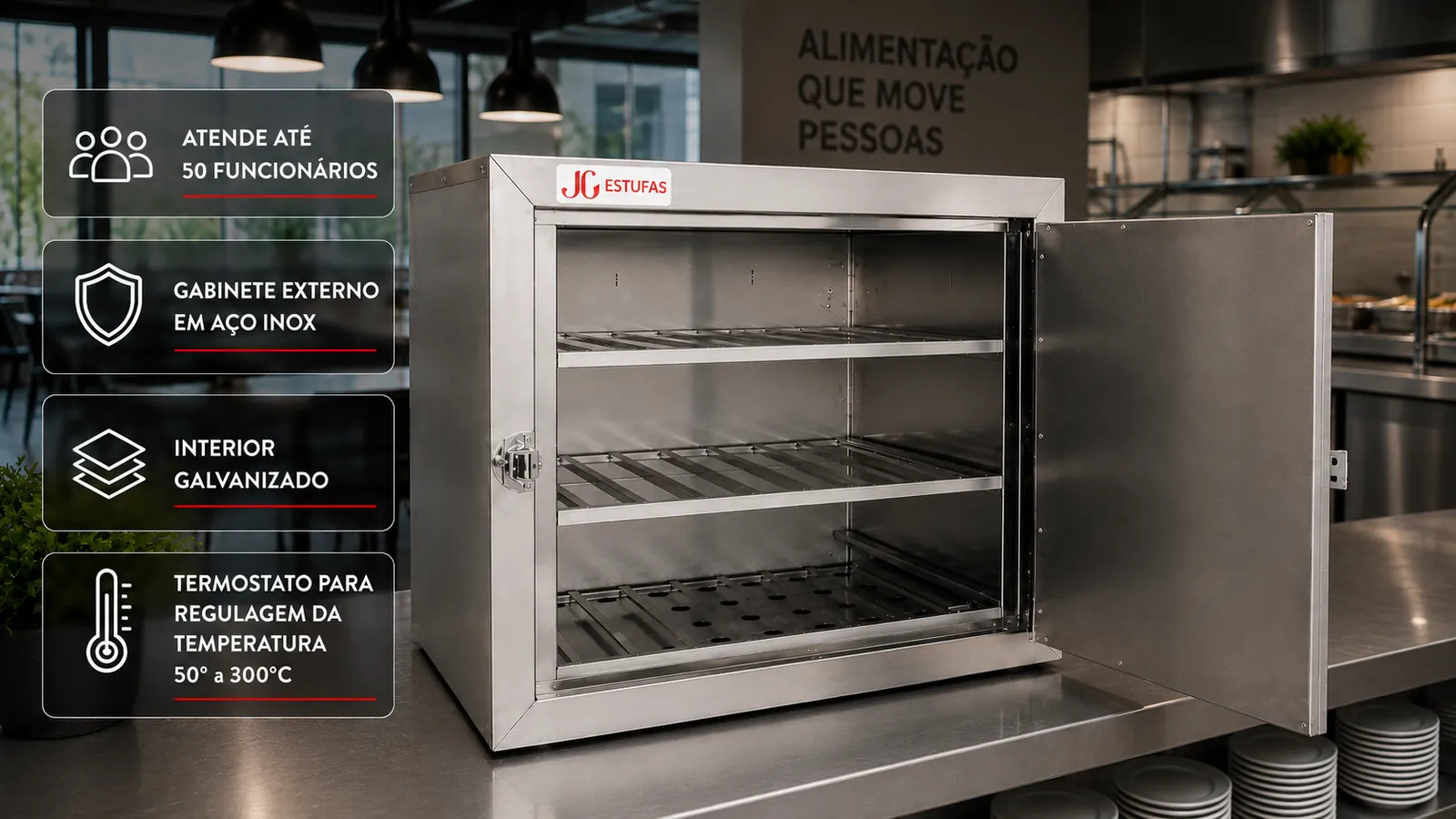 Estufa aquecedora de marmitas para 50 marmitas — atende até 50 funcionários, gabinete externo em aço inox, interior galvanizado e termostato de 50° a 300°C — JG Bebedouros