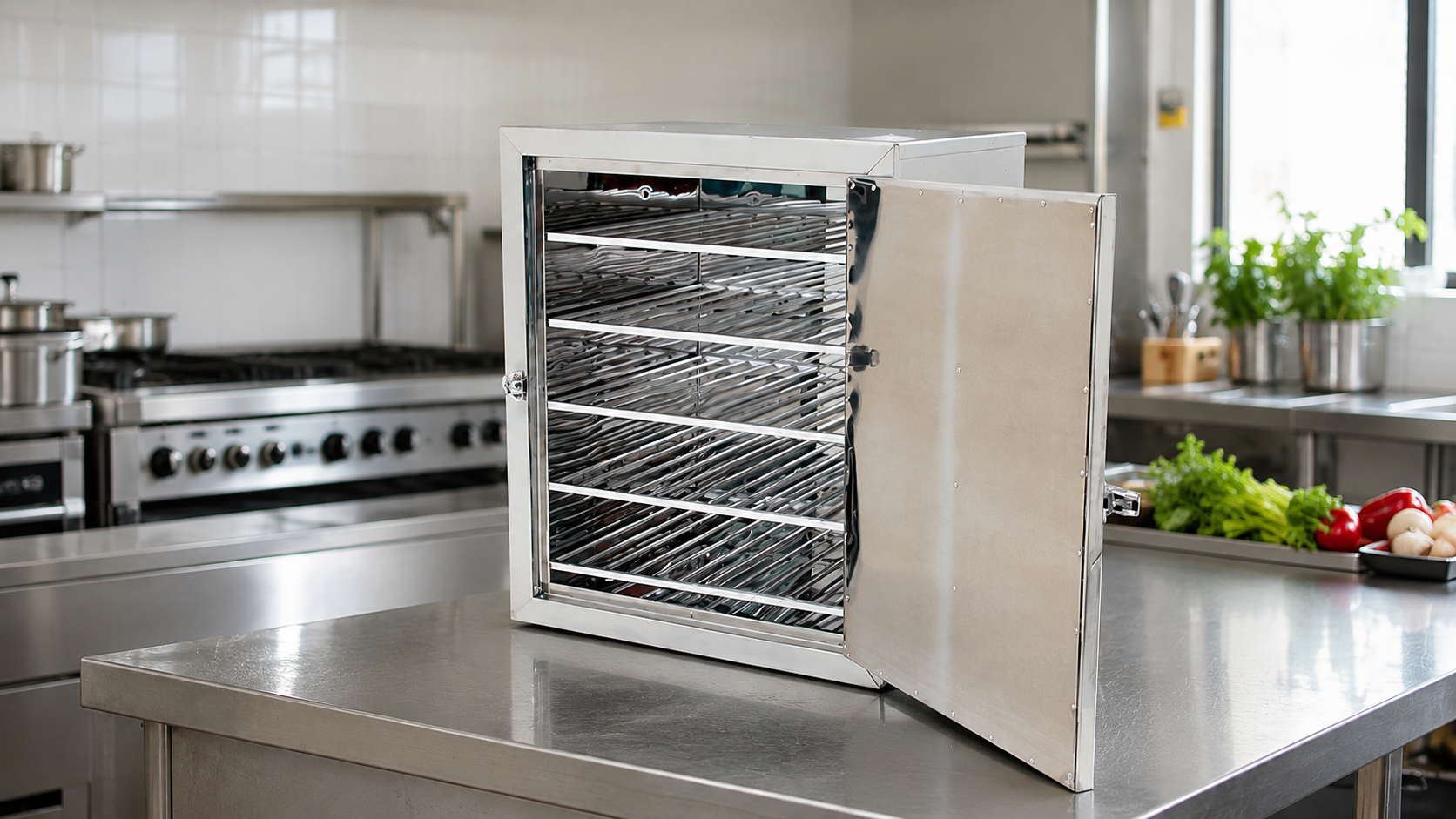 Estufa aquecedora de marmitas para 100 marmitas instalada em cozinha industrial, com porta aberta — JG Bebedouros