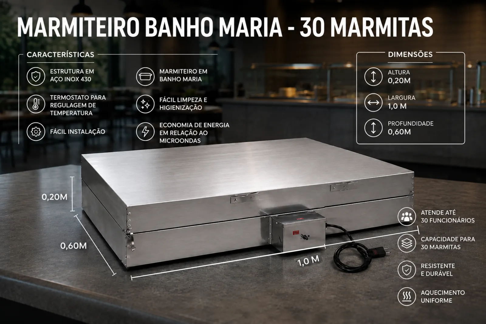 Infográfico do marmiteiro banho-maria JG para 30 marmitas: aço inox 430, termostato, atende até 30 funcionários, 0,20 m de altura, 1,0 m de largura e 0,60 m de profundidade