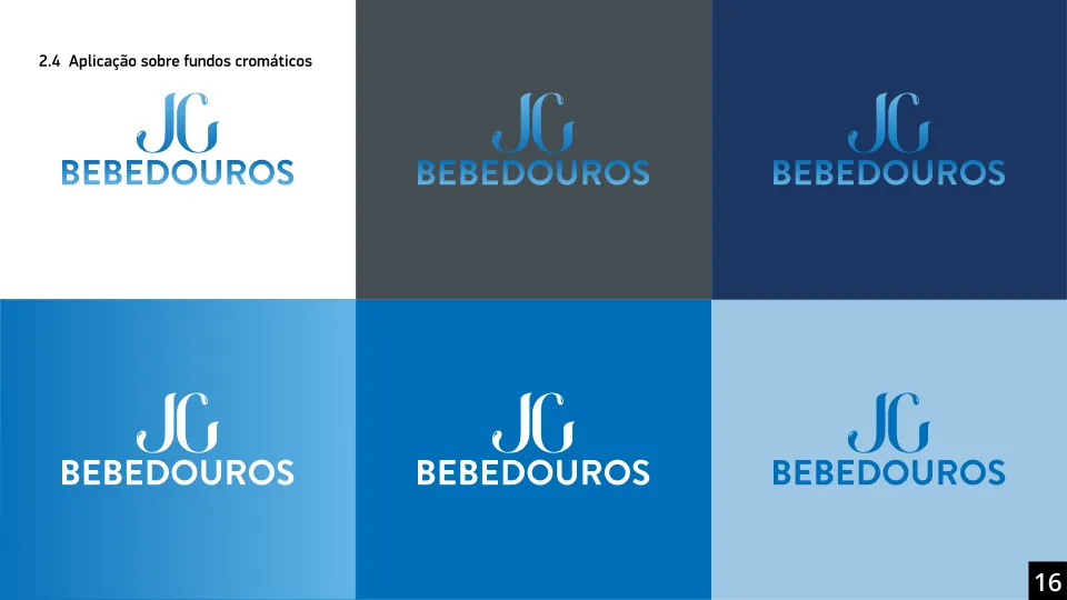 Página do manual de marca da JG Bebedouros: aplicação sobre fundos