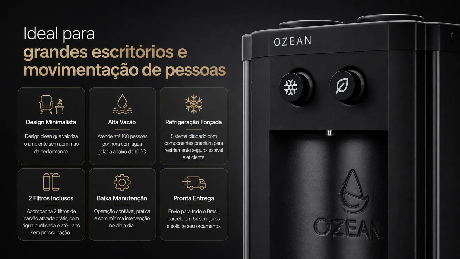 Ozean Pró Max — ideal para grandes escritórios e alta movimentação de pessoas: design minimalista, alta vazão, refrigeração forçada, 2 filtros inclusos, baixa manutenção e pronta entrega